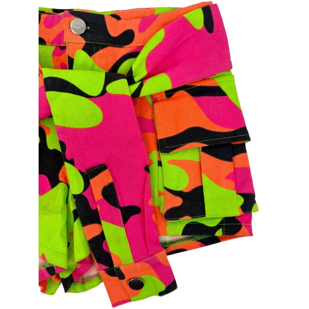 Hot & Delicious Neon Camo Print High-Waisted Festival Shorts w/Belted Design S - Picture 7 of 10